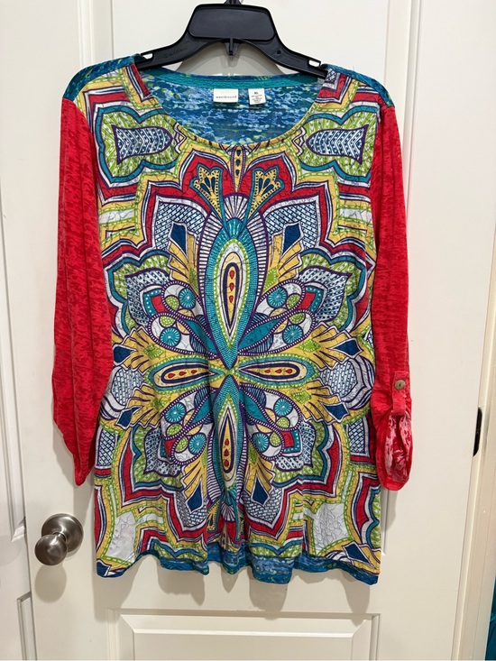 Westbound Tops - Westbound Multicolor Mandala Tunic with Red Sleeves